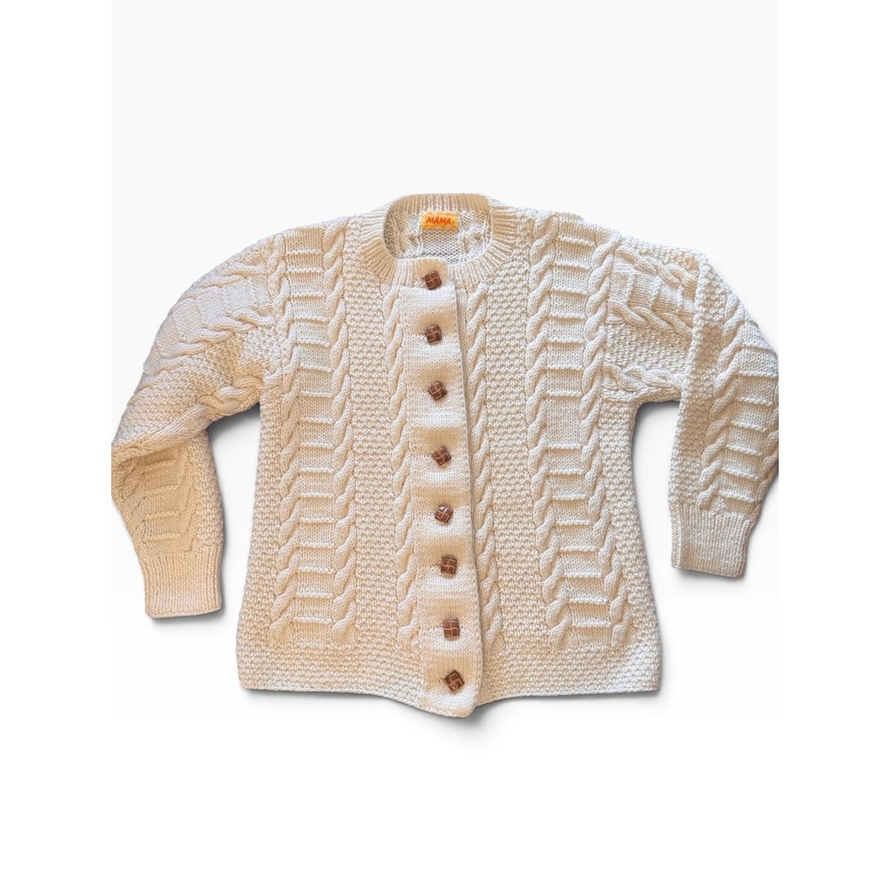 Vintage Handmade Cream Cable Knit Cardigan Sweater Brown Buttons Cream White